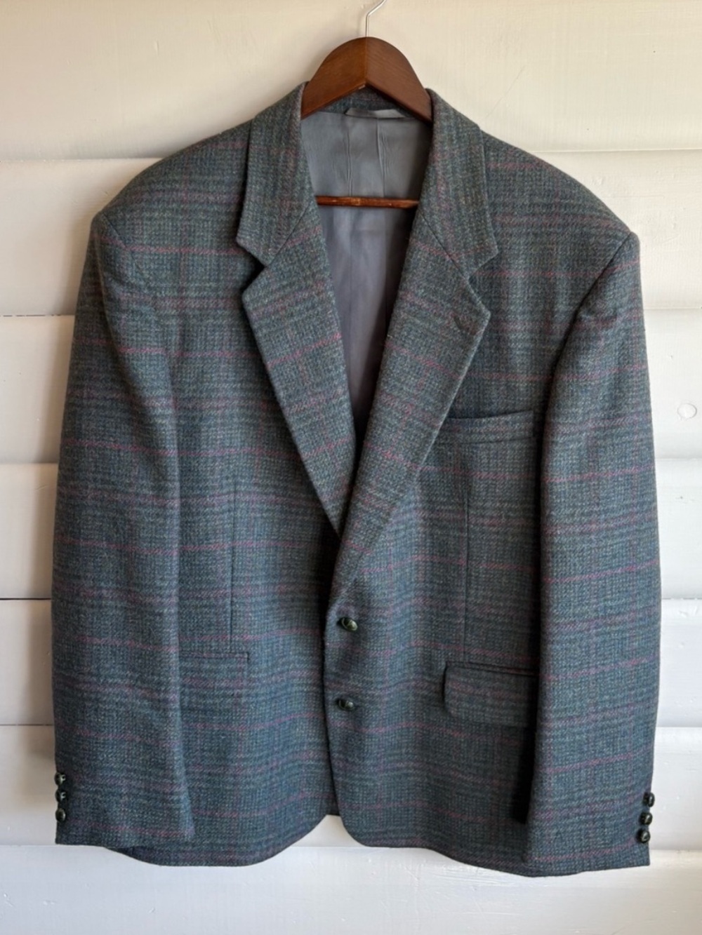 Vintage 100% Wool Tweed Windowpane Sport Coat Blazer 44R Old Money Mens